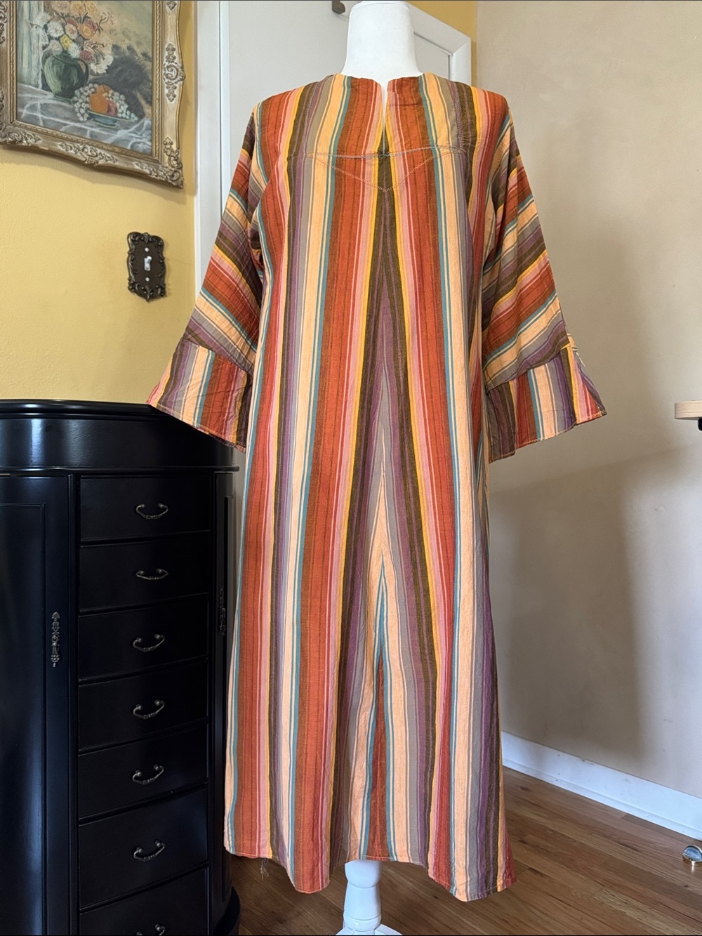 Vintage Multicolor Striped Kaftan Handmade 70s Hippy House Dress